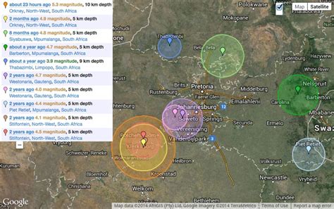 In an earthquake, huge masses of rock move beneath the earth 's surface and cause the ground to shake. South Africa earthquake - reported areas mapped online