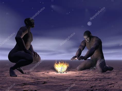 Homo erectus e fogo renderização 3D fotos imagens de Elenarts