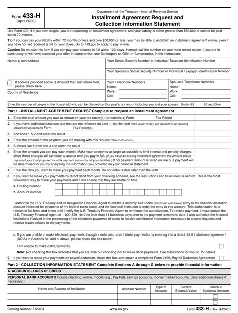 Form 433 H Download Fillable Pdf Or Fill Online Installment Agreement