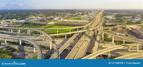 Panoramic Top View Five Level Stack Expressway Viaduct In Houston
