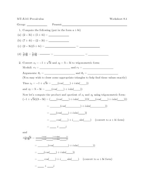 Printable in convenient pdf format. PreCalculus Worksheet 8.4 Worksheet for 11th - 12th Grade ...