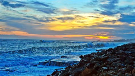 Wallpaper Sunlight Sunset Sea Bay Rock Shore Sky