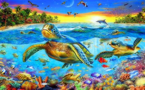 Sea Ocean Sea Turtles Swimming Corals Exotic Colorful Fish