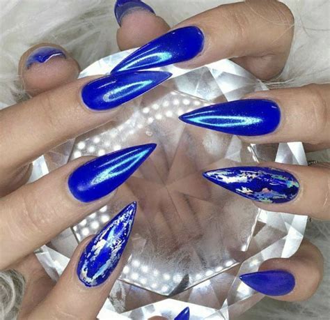 Glossy Blue Holographic Chrome Stiletto Nails Blue Chrome Nails