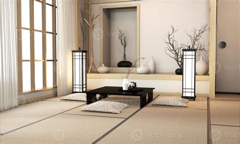 Ryokan Living Room Japanese Style With Tatami Mat Floor And Decoration