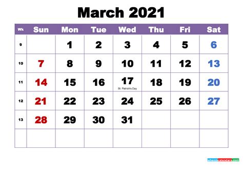 March 2021 Printable Calendar With Holidays Word Pdf