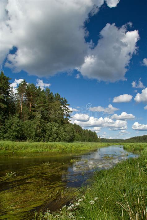 Landscape With Clouds River And Forest Stock Photo