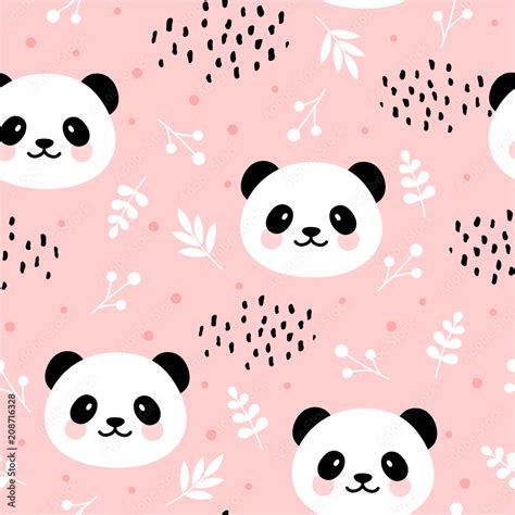 Cute Panda Seamless Pattern Hand Drawn Forest Background With Flowers