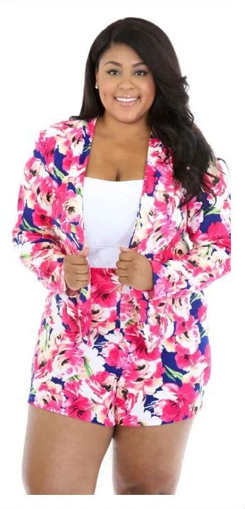Plus Size Women 2 Piece Shorts Set 2015 Summer Floral Printed Blazers