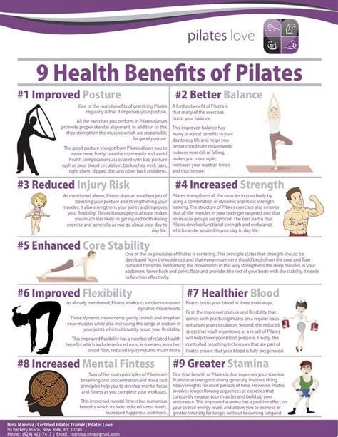 The 9 Health Benefits Of Pilates Poster Is Shown In Purple With An