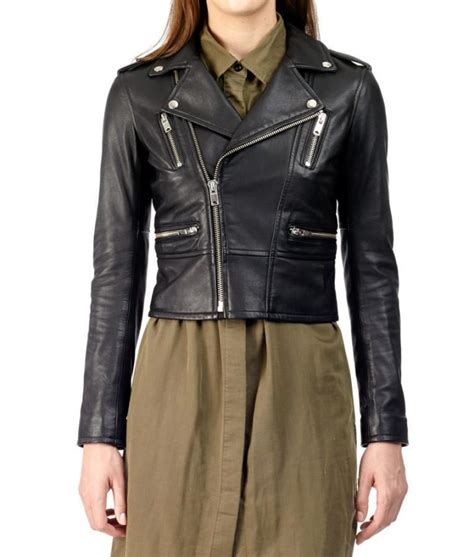 Womens Cropped Black Leather Biker Jacket