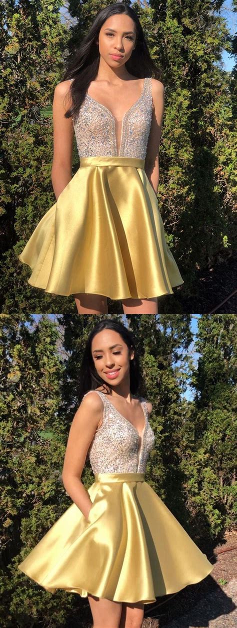 A Line V Neck Short Yellow Beaded Prom Dresses Short Yellow Beaded