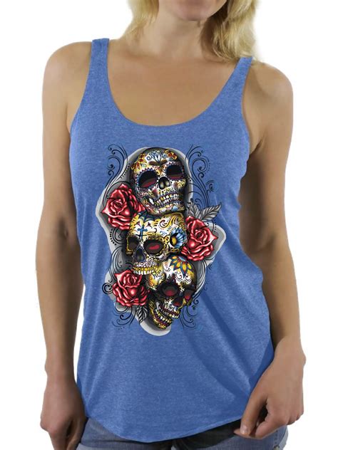 Awkward Styles Women S Three Sugar Skulls And Roses Graphic Racerback Tank Tops Day Of The Dead