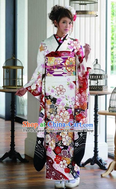 Japanese Traditional Printing Sakura White Furisode Kimono Japan