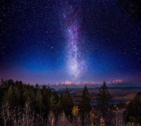 4556337 Mountains Galaxy Snowy Peak Landscape Starry Night Forest