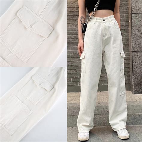 Rockmore Brown Vintage Baggy Jeans Women 90s Streetwear Pockets Wide Leg Cargo Pants Low Waist