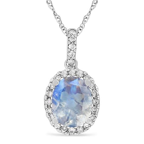 Moonstone And Halo Diamond Pendant Necklace 14k White Gold 214ct Az9370