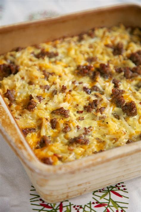 Mix sour cream, shredded cheddar cheese, cream of mushroom soup and frozen hash browns together and bake for about 30 minutes. Gina's Italian Kitchen: Sausage Hash Brown Breakfast Casserole