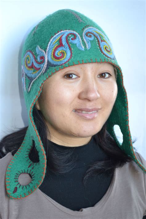 Handmade Green Felt Hat With Kyrgyz Symbols Traditional Ornaments