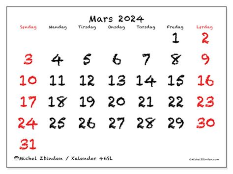 Kalender For Mars 2024 For Utskrift “46sl” Michel Zbinden No