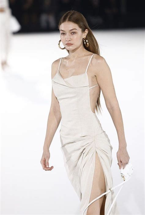 Gigi Hadid Cream Jacquemus Backless Dress Ramp Walk Paris On Sassy Daily Runway Fashion