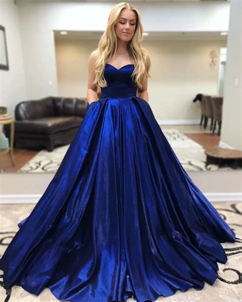 2019 New Royal Blue A Line Long Prom Dresses Sweetheart Pockest Teens