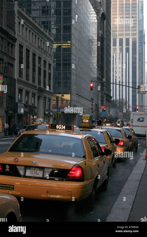 Yellow Taxi Cabs Manhattan New York City Waiting In Line For Fares