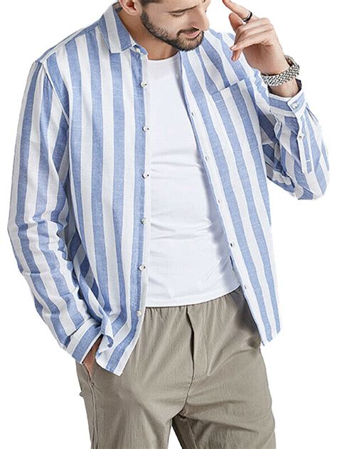Wodstyle Mens Linen Striped Long Sleeve Basic Shirts Bottons Tops