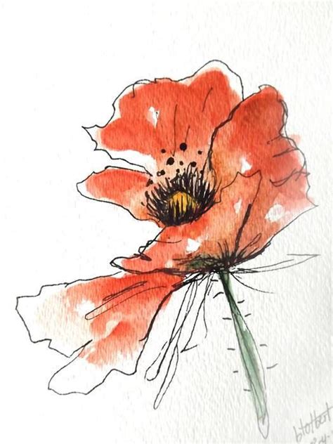 Original Artwork Of A Red Poppy Rendered In Pen Ink And Watercolor It