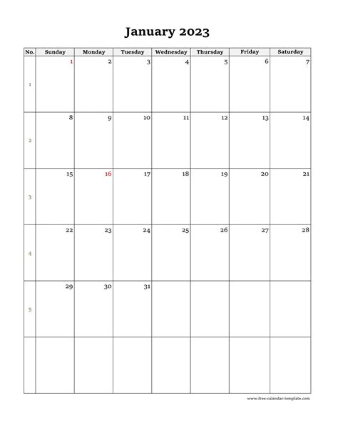 January Calendar 2023 Simple Design With Large Box On Each Day For