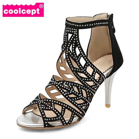 Coolcept Size 31 43 Sexy Women High Heel Sandals Open Toe Beading Thin Heels Sandals Summer