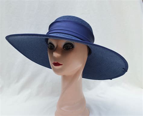 Navy Blue Large Flat Brim Sun Hat With Ribbon Trim Womens Vintage