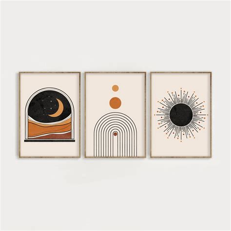 Mid Century Modern Art Print Set Of 3 Neutral Geometric Wall Art Moon