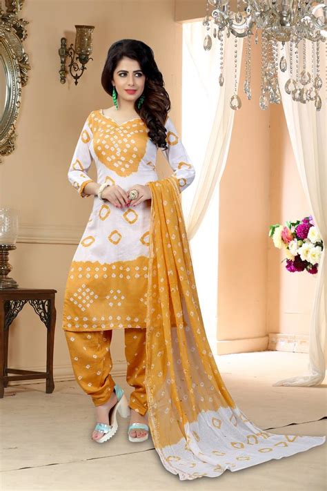 Yellow Cotton Salwar Suit Dupatta Bandhani Dress Material Divine