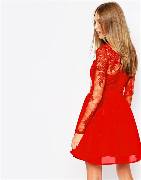 Lyst Missguided Premium Lace Long Sleeve Skater Dress In Red