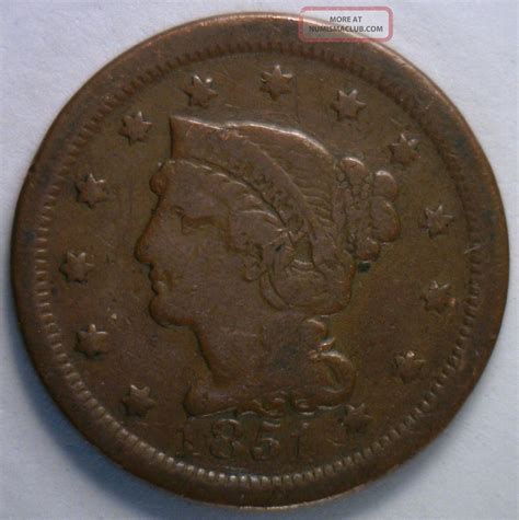 1851 Braided Hair Liberty Head Large Cent Us Copper Type Coin F2