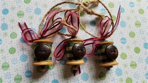 Christmas Ornament Vintage Wooden Spools With Brown Button Set Of 3 Etsy