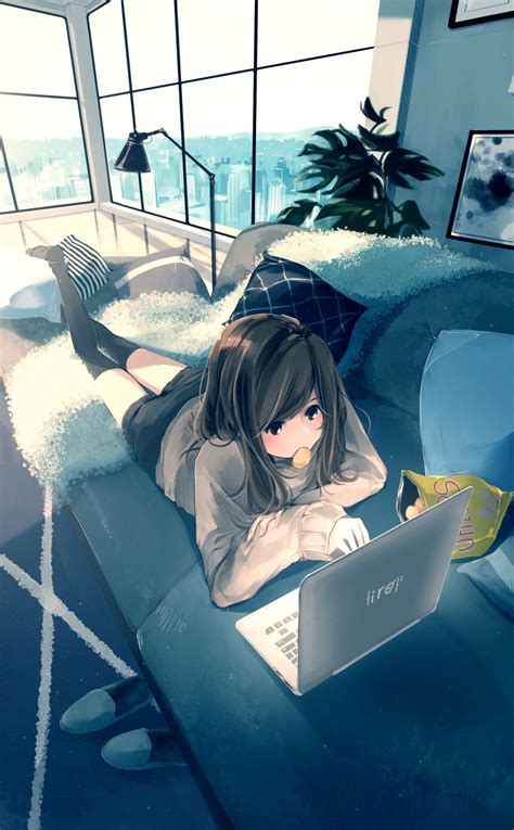 Download Wallpaper 950x1534 Laptop Anime Girl Relaxed Original Art