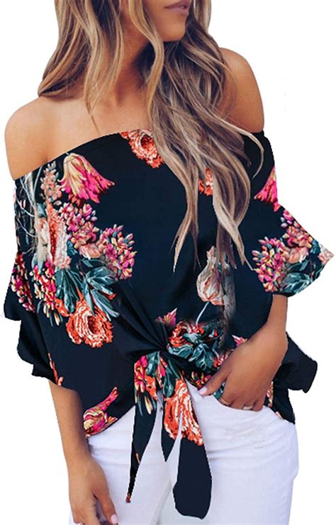asvivid womens summer floral printed off the shoulder tops 3 4 flare sleeve tie ebay