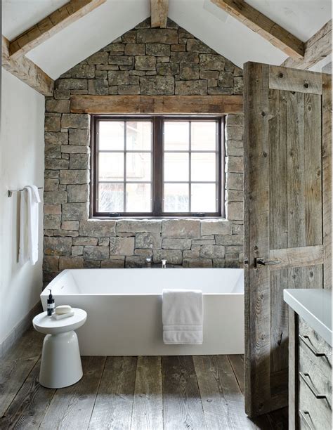 Stone Tub Reclaimed Wood Vaulted Ceiling Cottage Bathroom Rustic