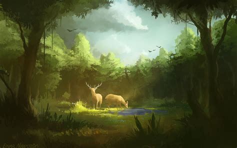Wallpaper Art Painting Forest Deer 5120x2880 Uhd 5k Picture Image