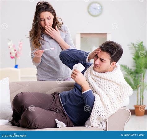 Wife Caring For Sick Husband At Home Stock Photo Image Of Lying Pill
