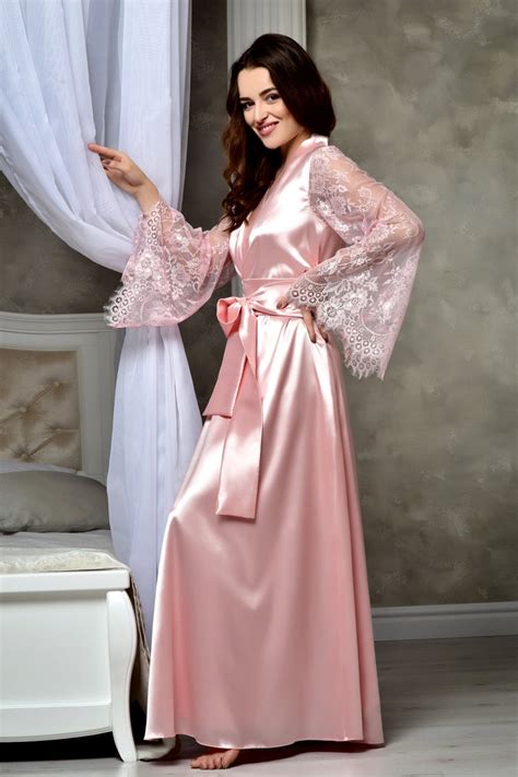 Long Blush Pink Wedding Kimono Robe Lace Bridal Robe Bridal Etsy