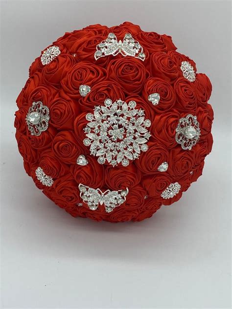 Bm 007 ~ Red Satin Roses Budget Brooch Bouquet Or Diy Kit Bouquets By