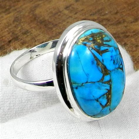 Blue Copper Turquoise Ring Sterling Silver Handmade Ring Oval