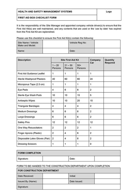 Construction Company First Aid Box Checklist Form First Aid Kit