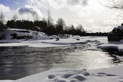 River Running Lengthwise Snowy Banks Stock Image Image Of Landscape