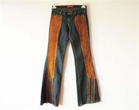 Nos Cowgirl Denim Leather Fringe Jeans Womens Western Wide Leg Etsy