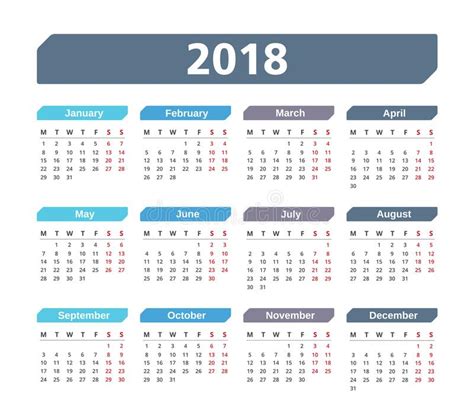 2018 Calendar Stock Vector Illustration Of Week Memo 98553682