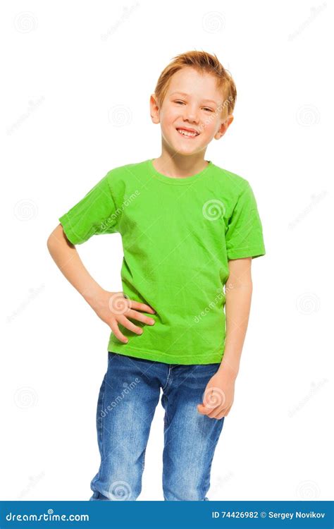 Happy Smiling Boy In Green T Shirt And Denim Stock Photo Image Of